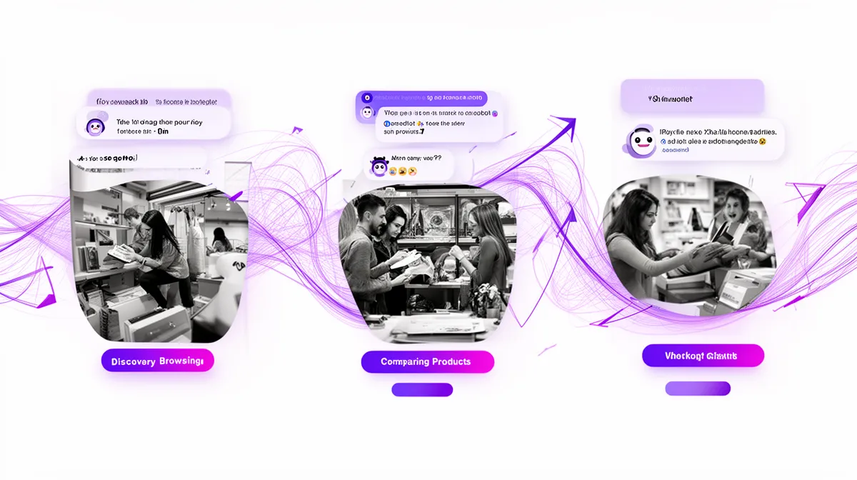 Ecommerce sales funnel with chatbot assistance across discovery, consideration, and checkout stages