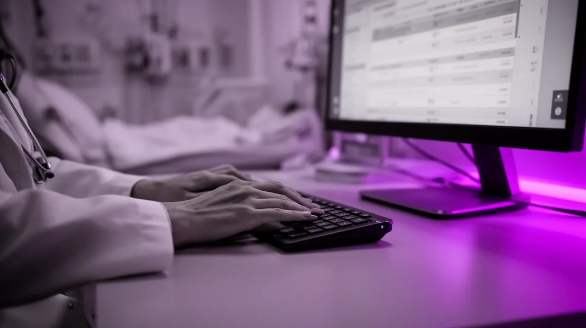 Clinician using an EHR workstation for electronic health record integration of AI