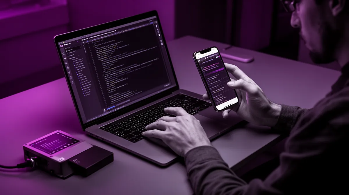 Engineer validating tensorflow model deployment across laptop and smartphone
