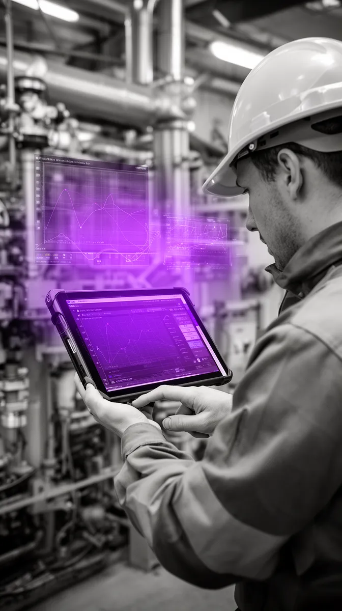 Engineer reviewing predictive maintenance sensor data during a plant data readiness assessment