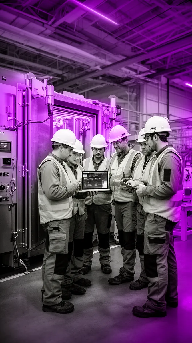 Engineers performing environmental testing on industrial ai hardware in a factory setting