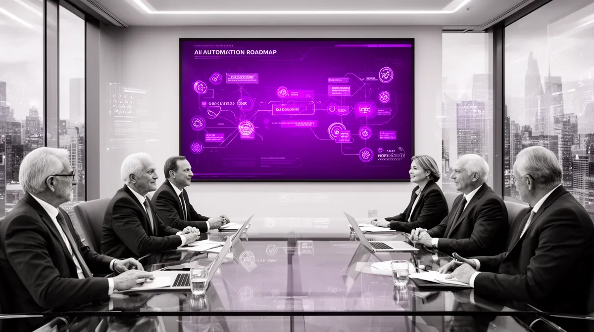 Enterprise leaders discussing enterprise AI automation roadmap with risk and compliance stakeholders