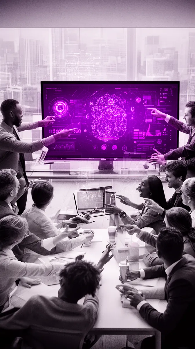 Cross-functional team collaborating around AI dashboards to build enterprise AI capability