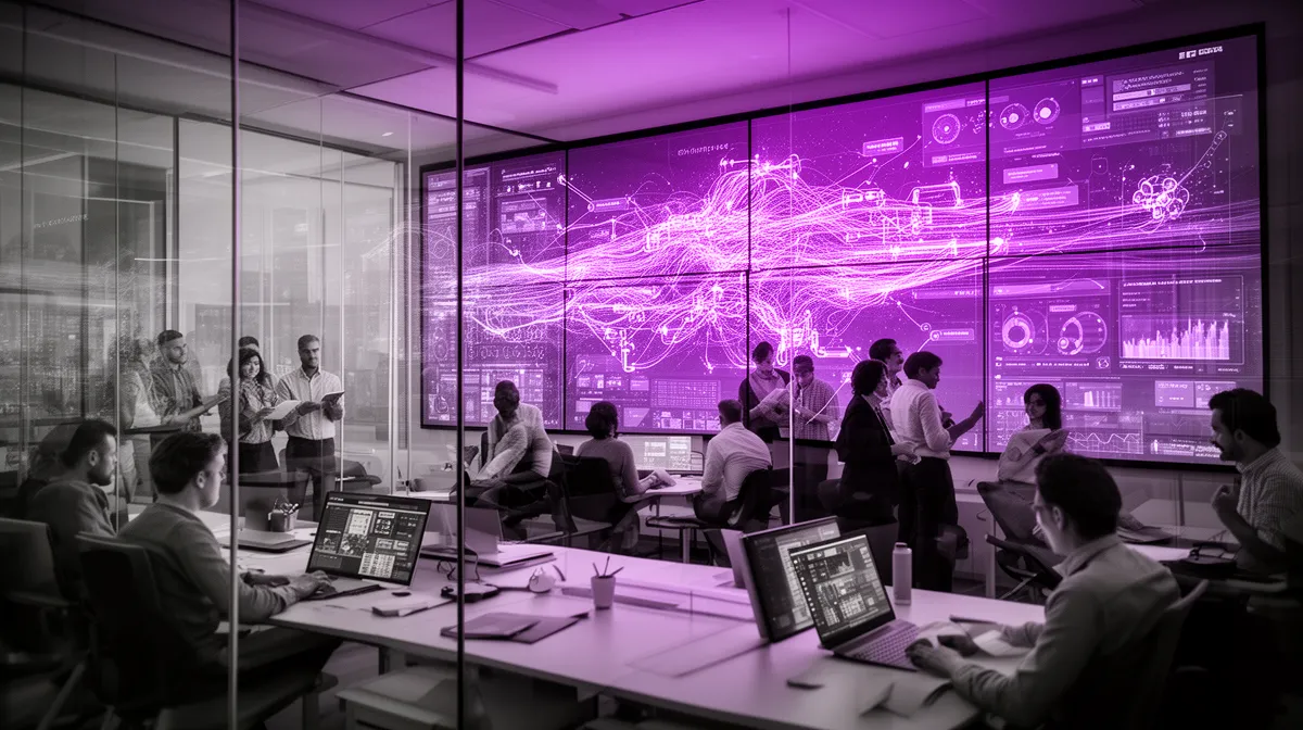 Enterprise team overseeing complex AI fine-tuning infrastructure in a control-room environment