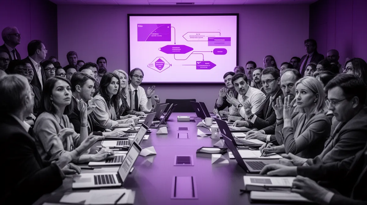 Over-governance in enterprise AI governance with a crowded approval meeting