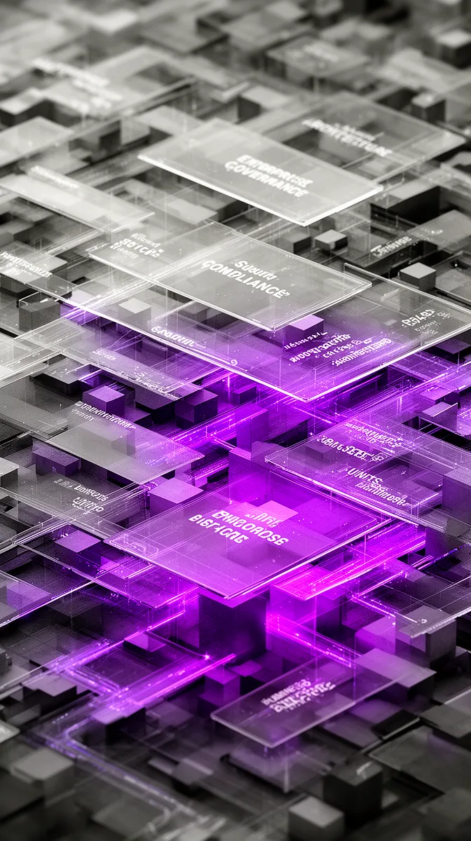 Abstract visualization of an enterprise AI governance landscape with interconnected functions