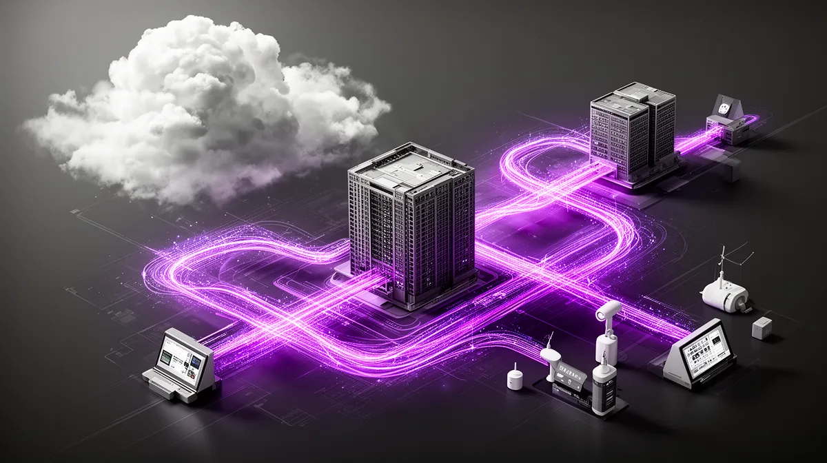 Enterprise hybrid AI deployment landscape connecting cloud, on-prem, and edge with synchronized data flows