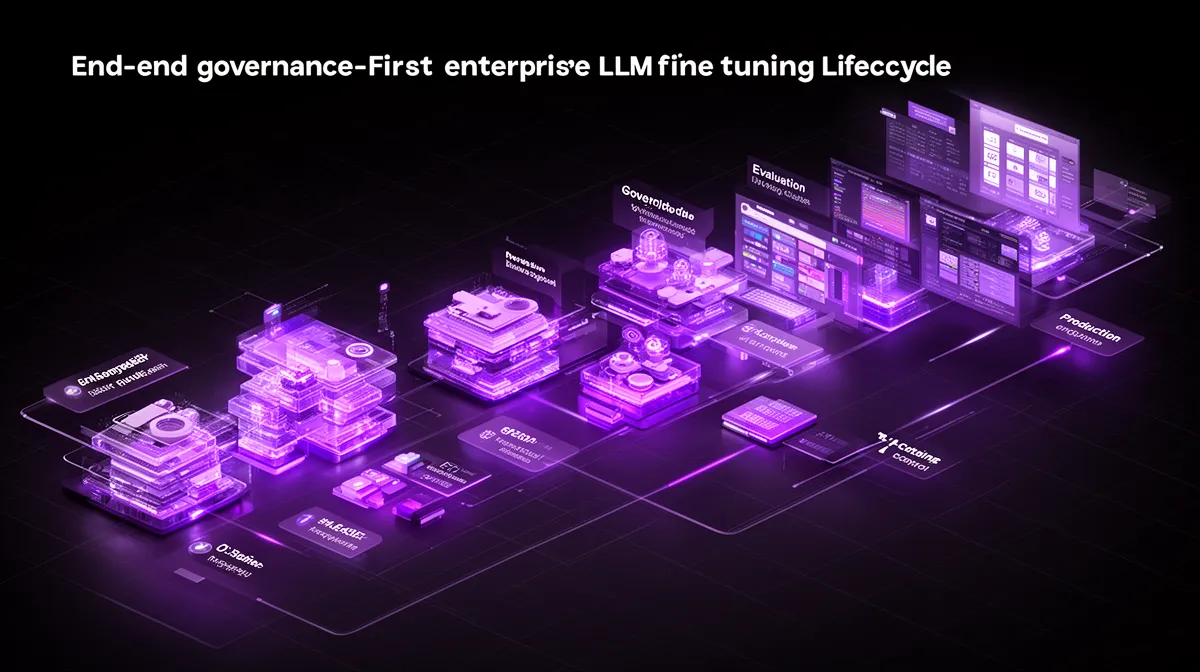 Visual of a governance-first enterprise LLM fine-tuning lifecycle with controlled stages and checkpoints