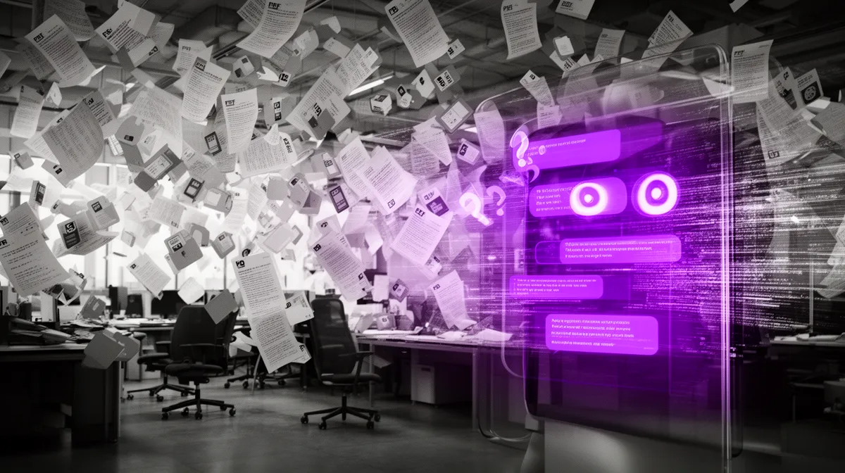 Enterprise RAG consulting illustration showing chaotic documents behind a polished chatbot interface to highlight weak knowledge foundations