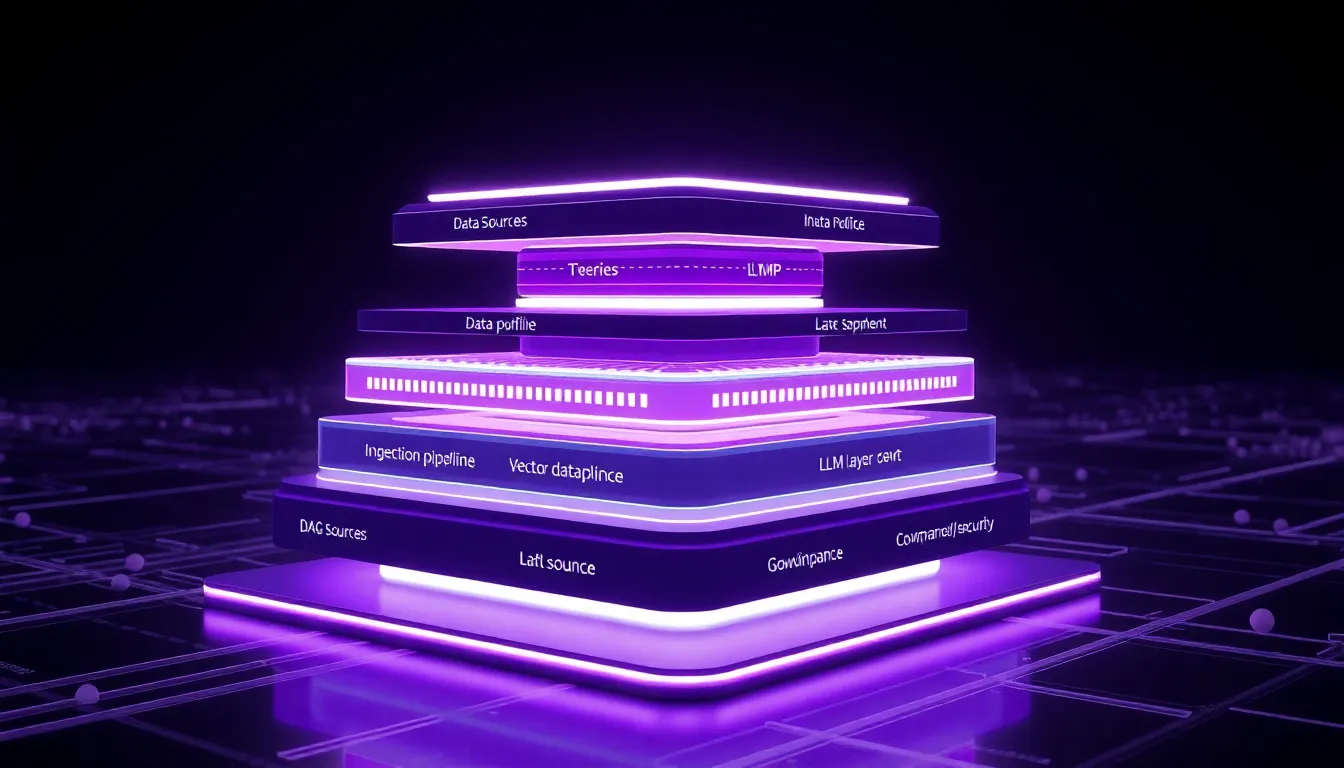 Reference architecture visualization of an enterprise RAG solution stack with vector database and governance layers