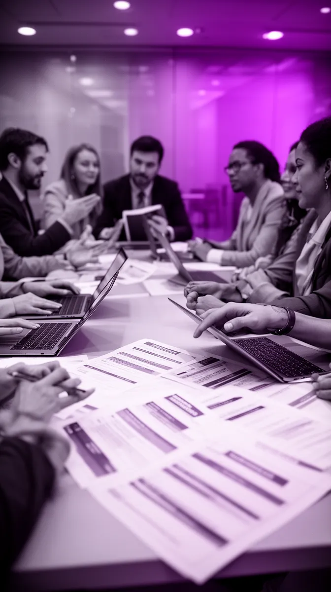 Leadership team evaluating an AI innovation partner proposal with an implementation checklist