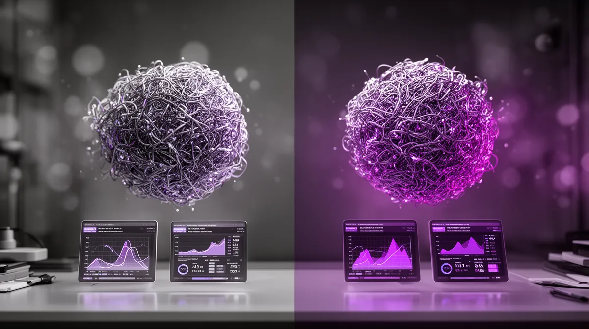 Two abstract AI models being compared side by side with metrics to evaluate performance gap before fine-tuning