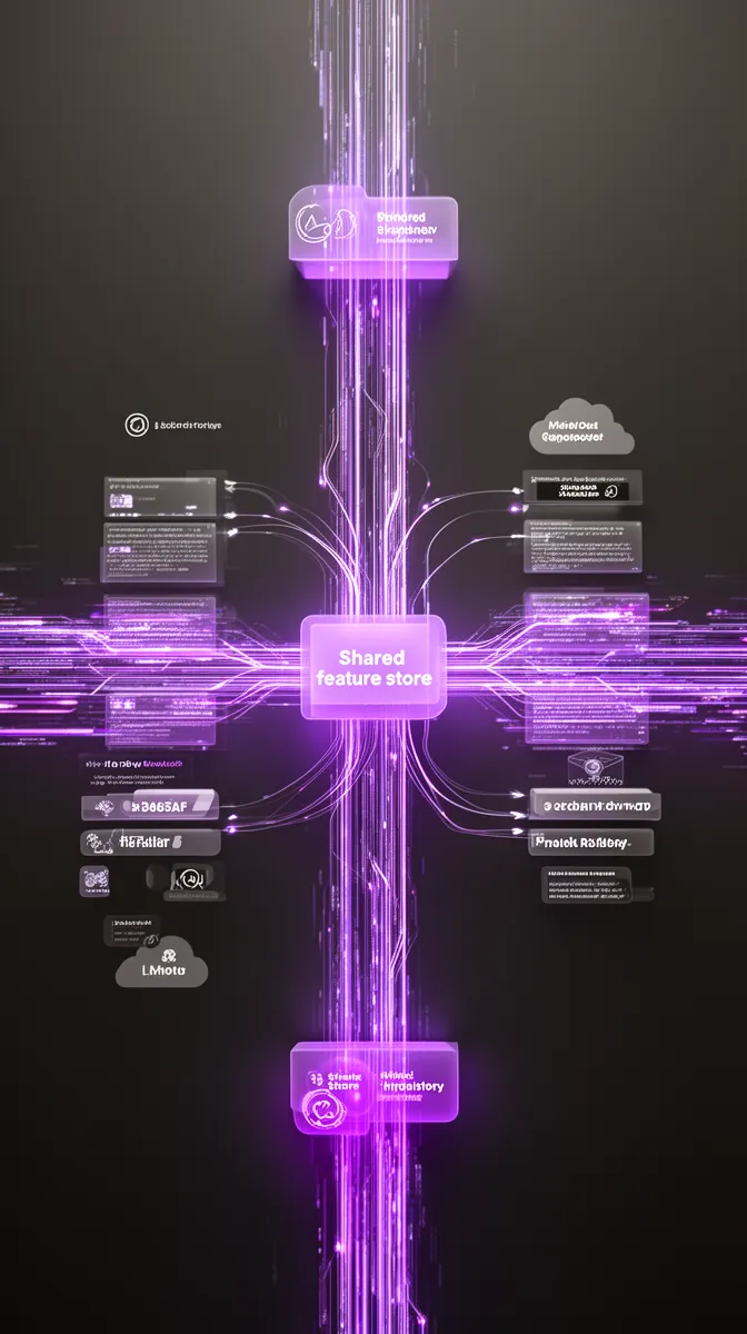 Event-driven pipelines feeding a shared feature store and synchronized model registries across cloud and on-prem