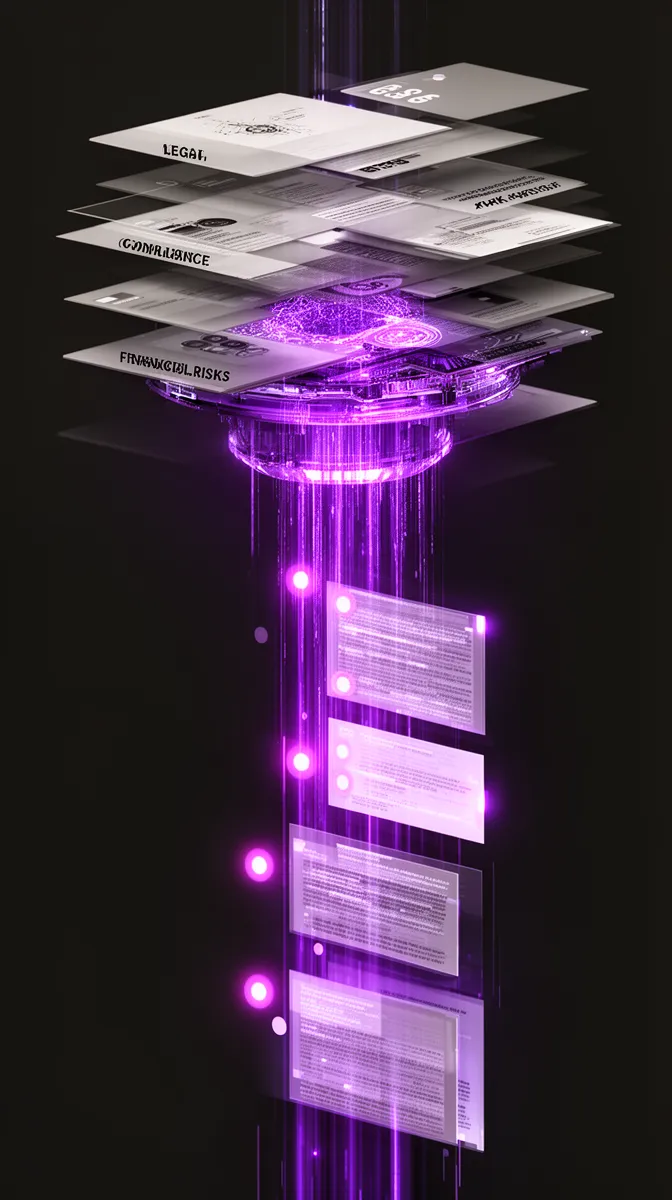 Conceptual visualization of an exception catalog and risk taxonomy powering AI for due diligence risk scoring