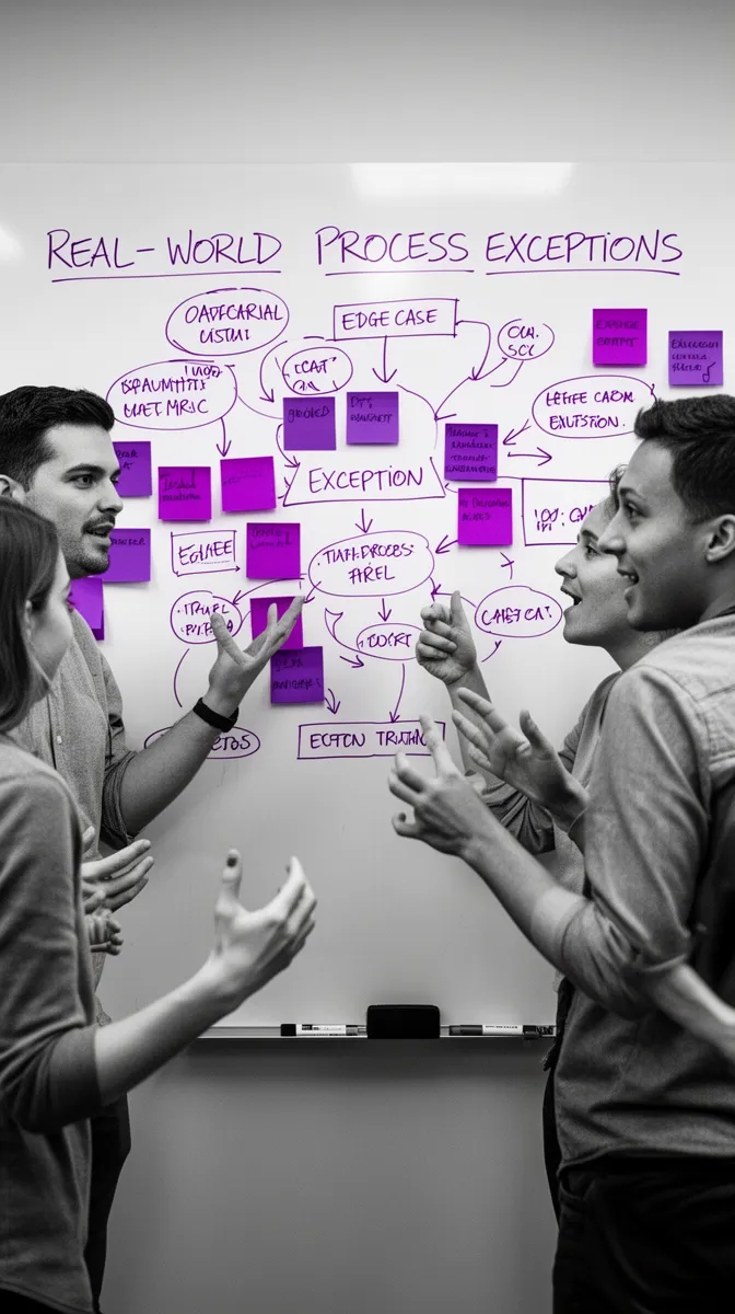 Team brainstorming exception handling edge cases to evaluate intelligent automation services