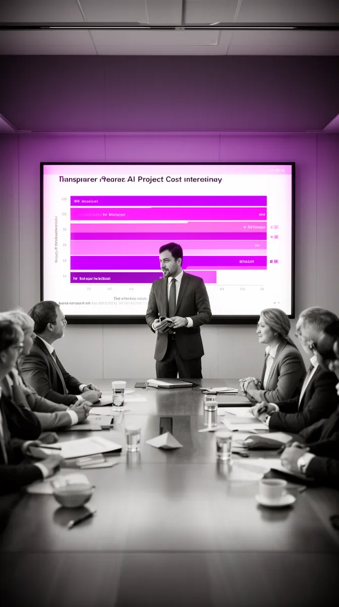 Executive presenting AI project budget ranges and uncertainty to colleagues in a boardroom