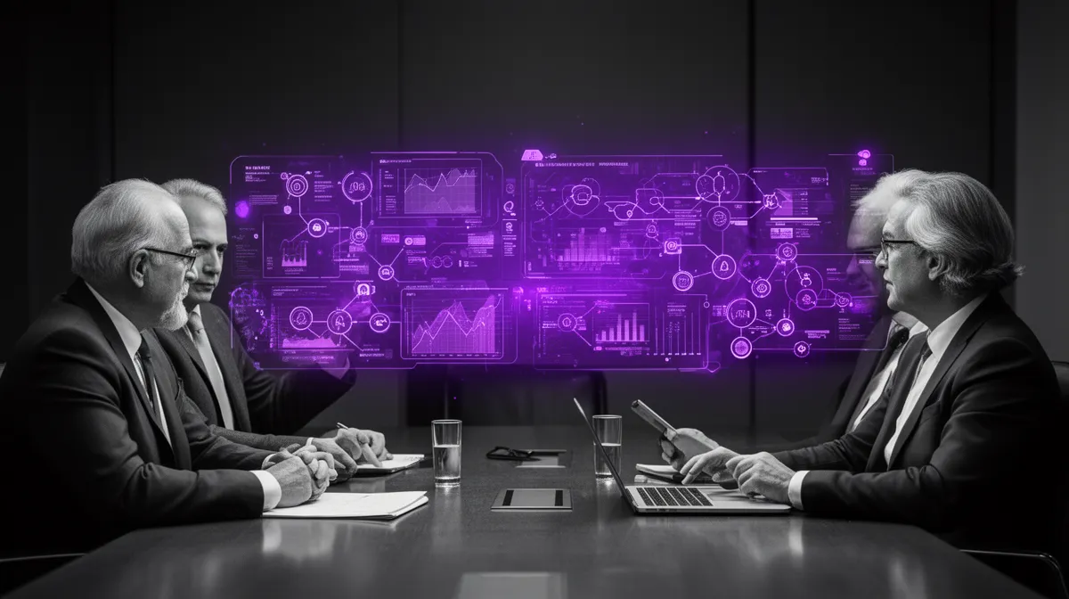 CFO, CIO, and business leaders jointly reviewing AI implementation budgets and value models