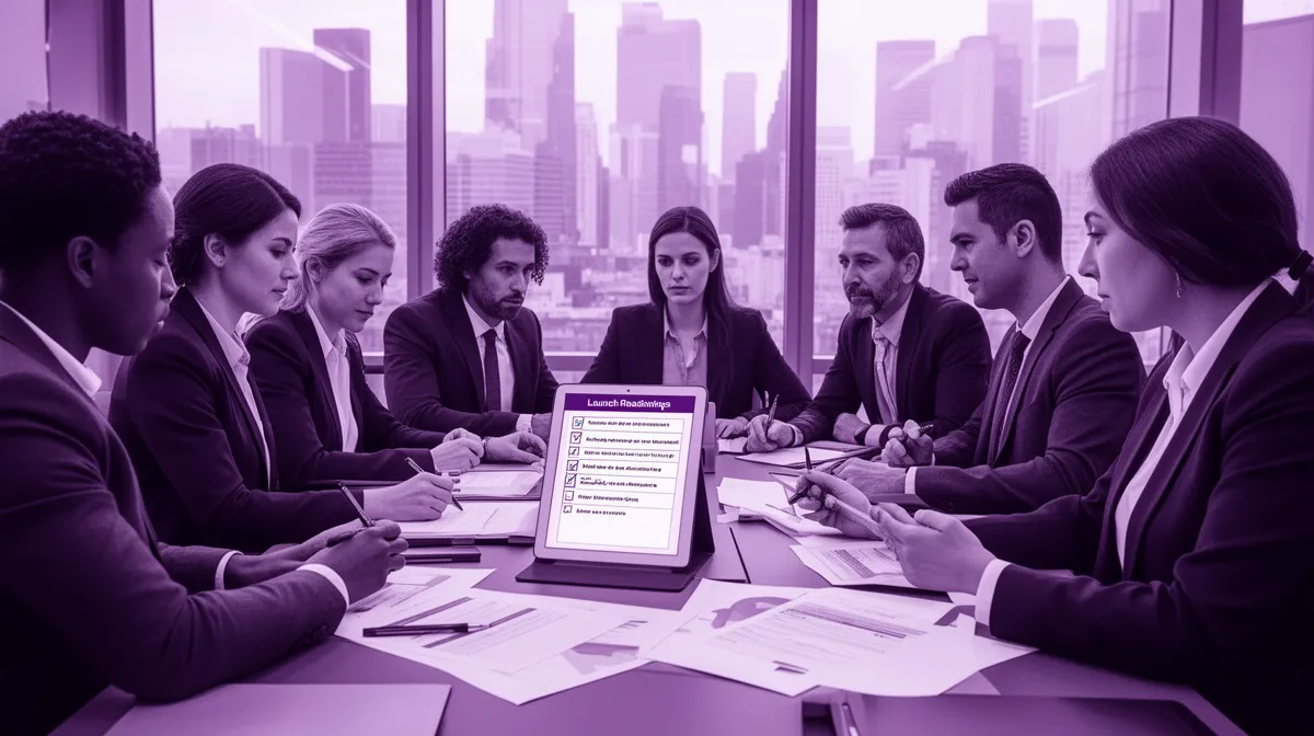 Executive team reviewing cross-border AI compliance launch readiness checklist