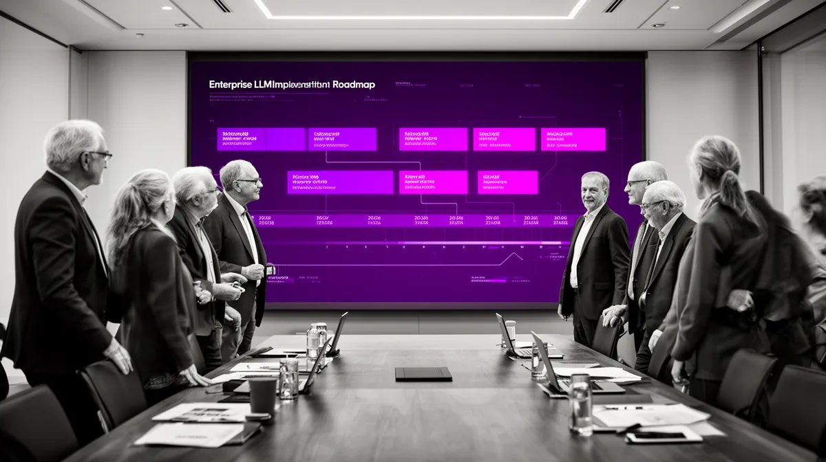 Executives reviewing a phased enterprise LLM implementation roadmap on a large digital wall