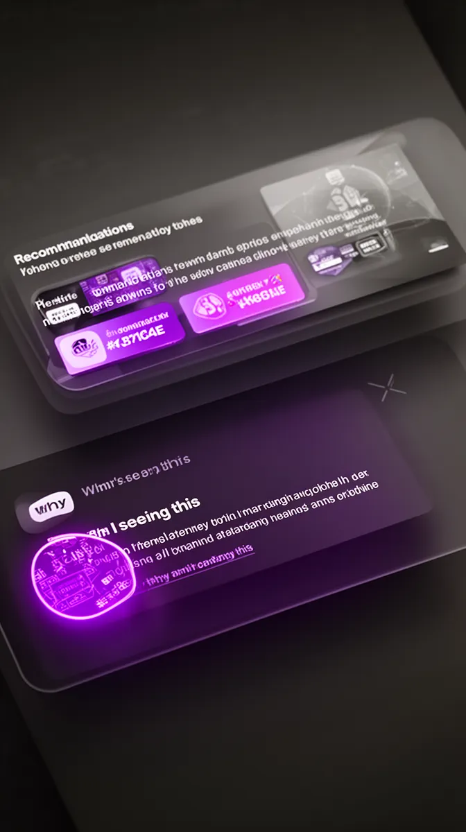 Close-up of recommendation and notification cards emphasizing explainable ai personalization