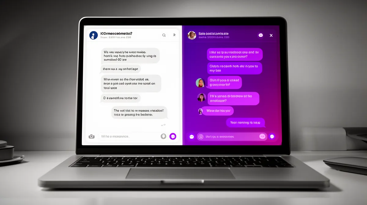 Comparison of FAQ-style and sales-focused ecommerce chatbot interfaces on a laptop screen