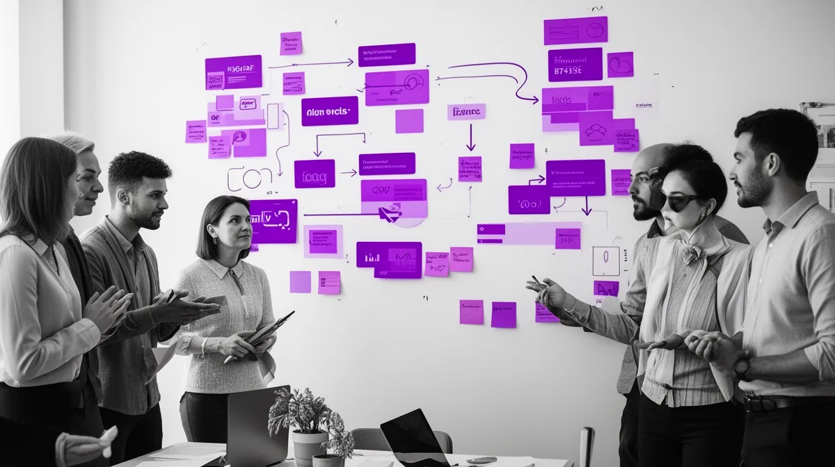 Finance team mapping financial analyst workflow on a whiteboard before implementing AI