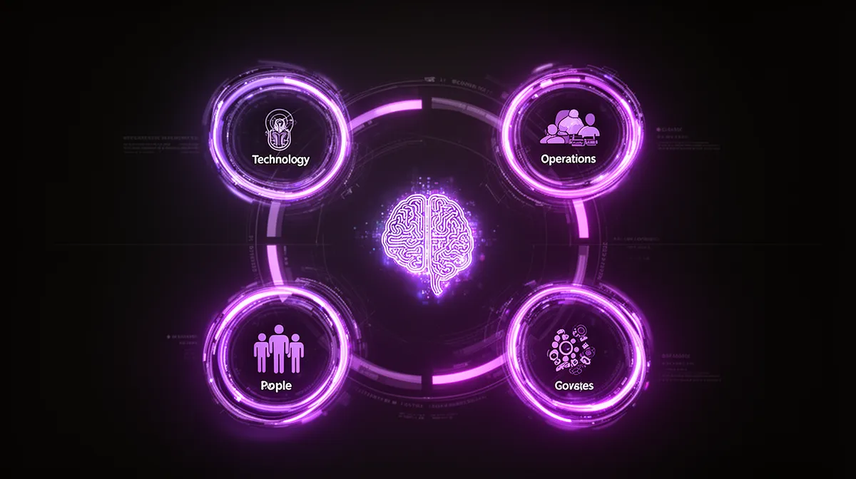 Abstract four-lens framework around an AI core representing technology, operations, people, and governance