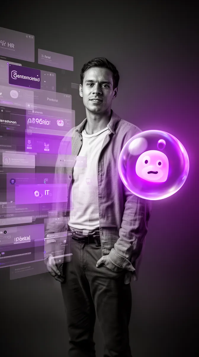 Employee surrounded by disconnected tools contrasted with a unified employee-facing chatbot assistant