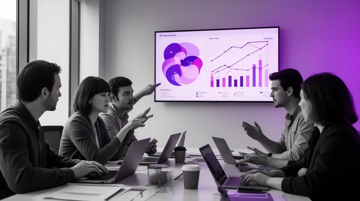 Team reviewing productivity metrics and workflow acceleration KPIs for GenAI