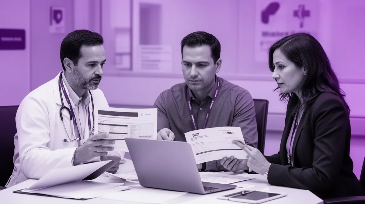 Hospital team evaluating a healthcare AI solutions provider with a workflow-first scorecard