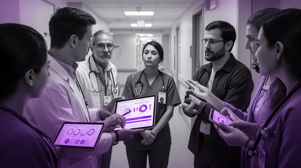Hospital team reviewing clinical outcomes and workflow KPIs after AI go-live