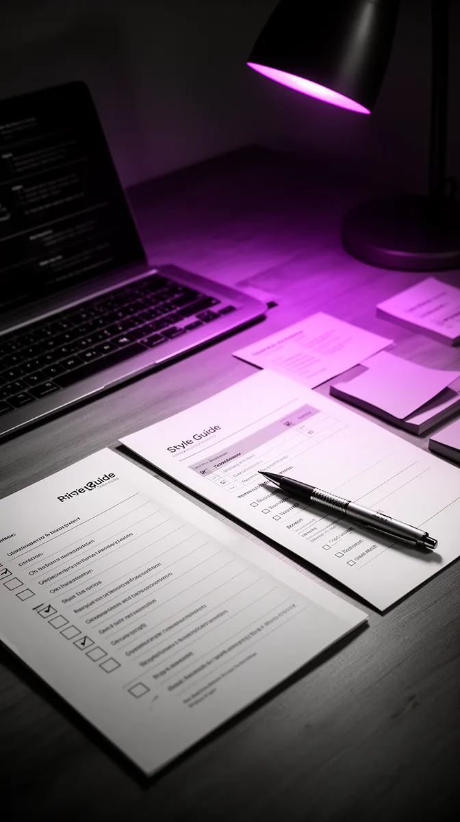 Editorial desk with style guide and checklist for human-in-the-loop content review