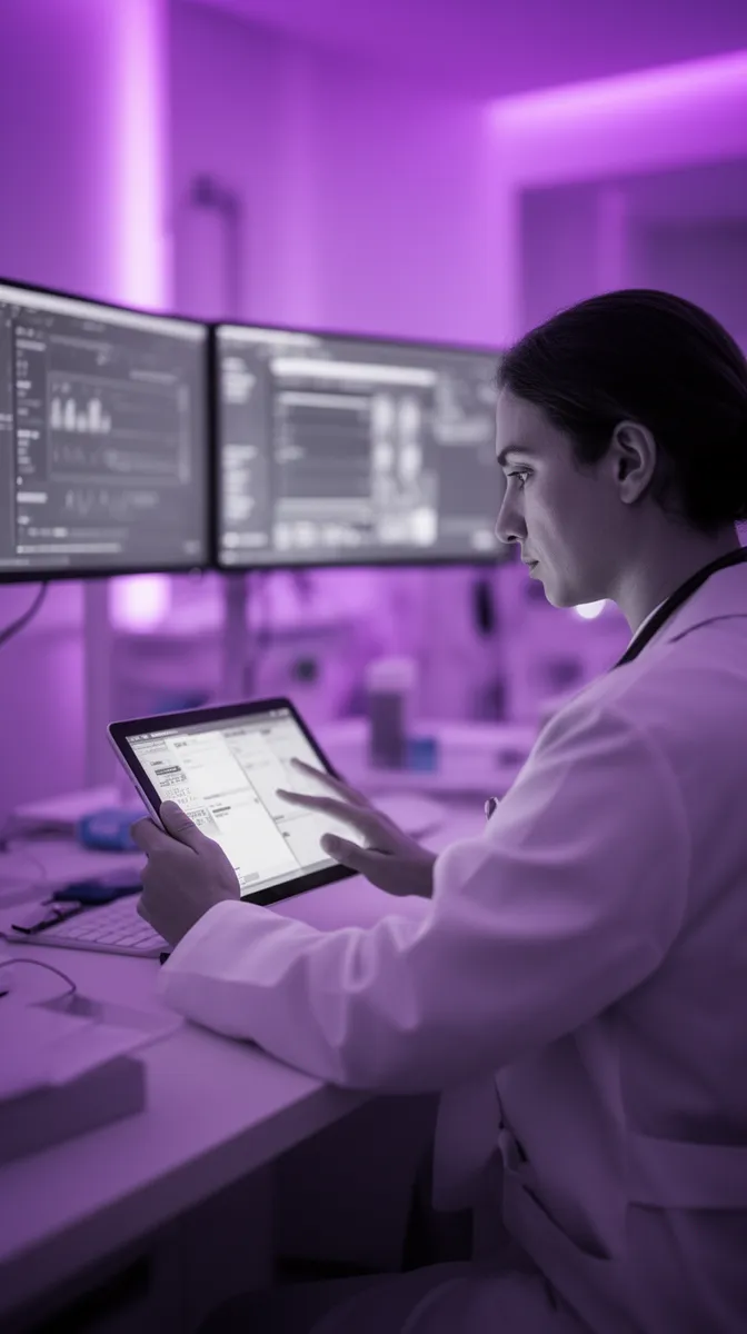 Clinician reviewing a tablet to support clinical AI development with physician engagement