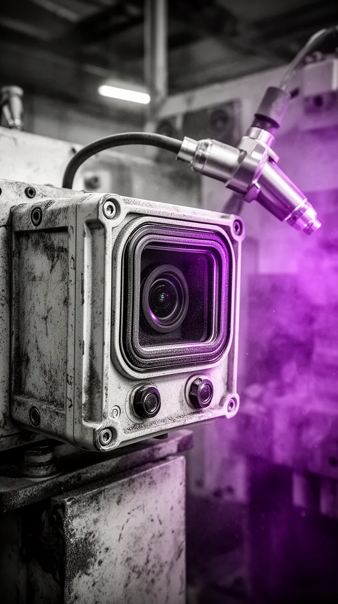 IP-rated enclosure protecting an industrial camera for harsh factory environments