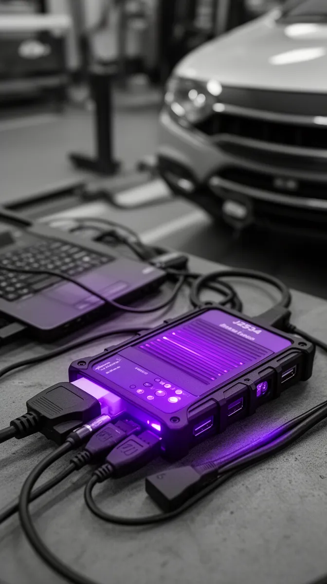J2534 pass-thru device connected between laptop and vehicle for diagnostics