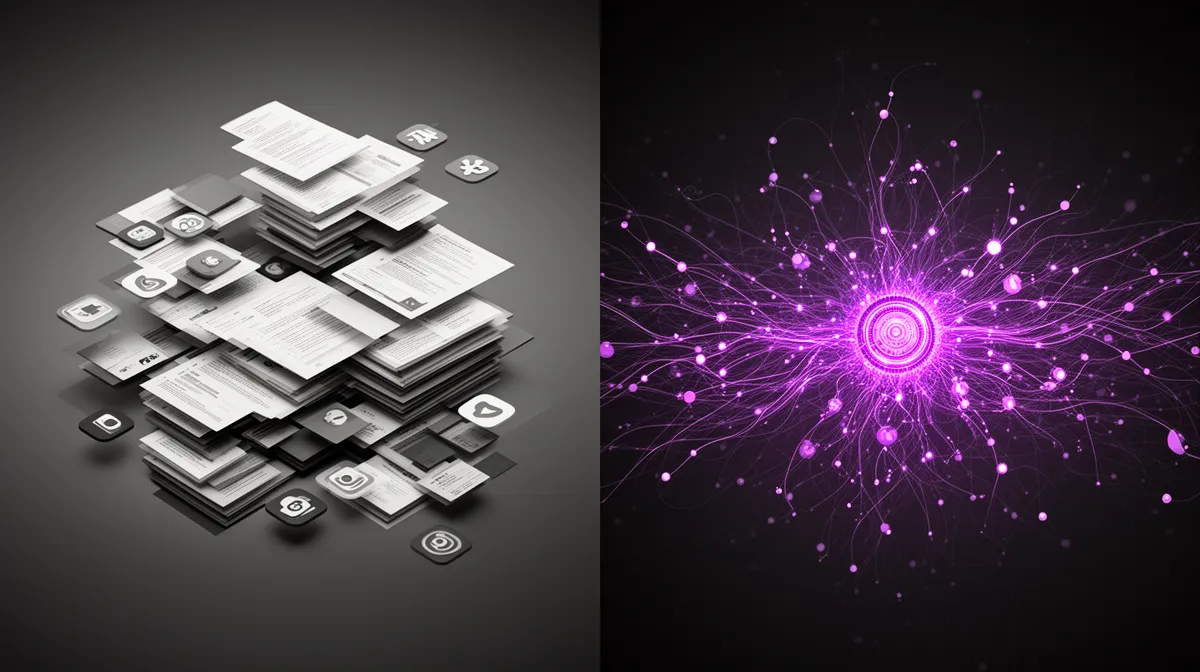 Knowledge management for RAG visual showing fragmented repositories evolving into a governed enterprise knowledge fabric