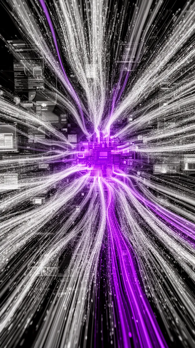 Large data streams feeding a central AI system to illustrate data scale in scalable AI solutions