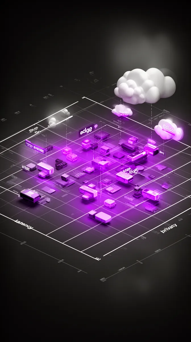 Visual decision matrix suggesting cloud, edge, and hybrid computer vision choices by latency and privacy