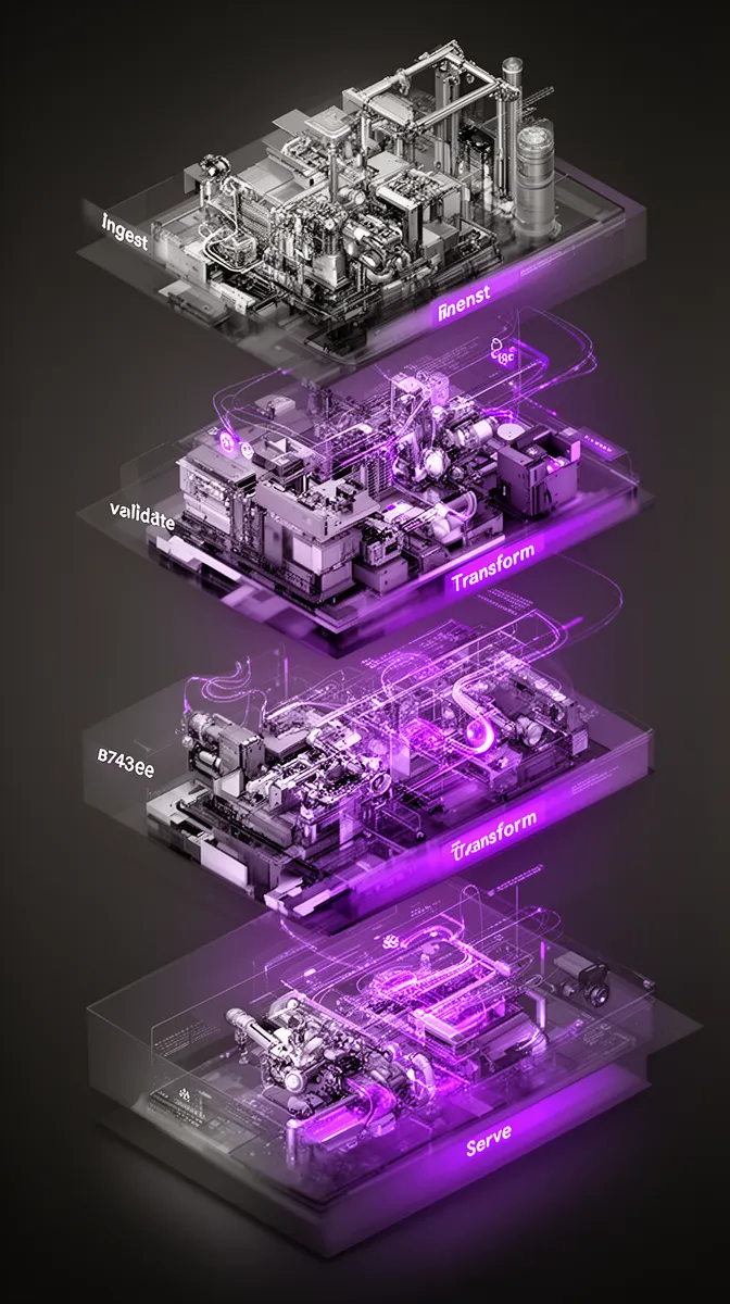 Layered AI data pipeline stages from ingest to serve