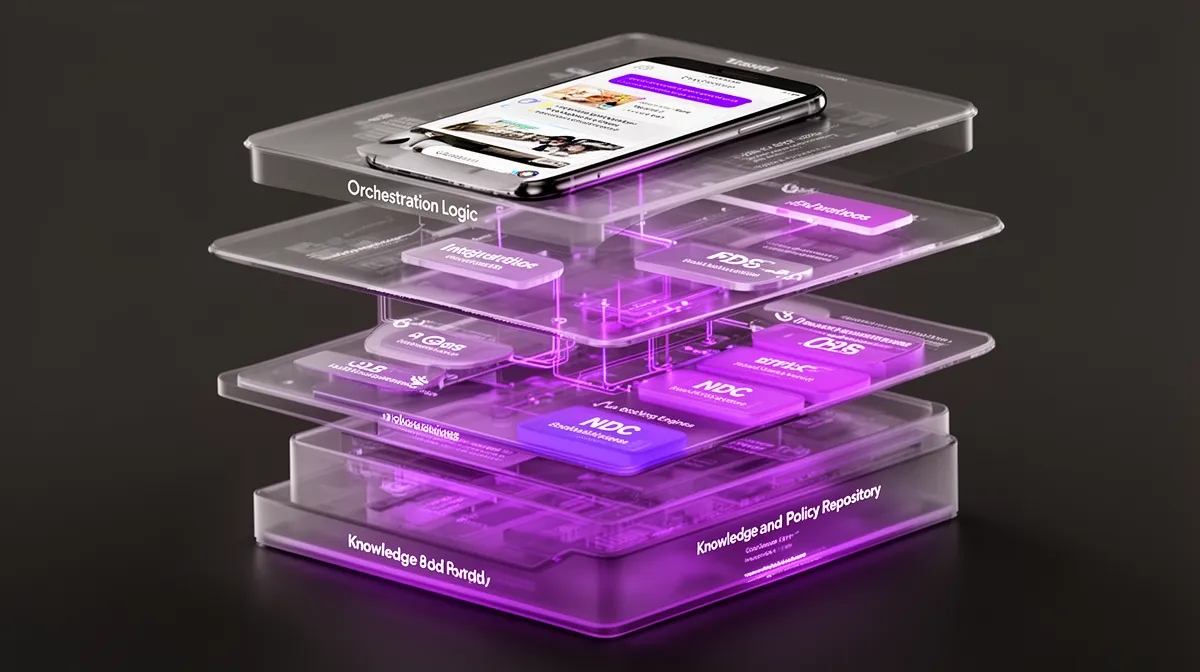 Layered travel chatbot architecture stack showing conversation, orchestration, integrations, and knowledge layers