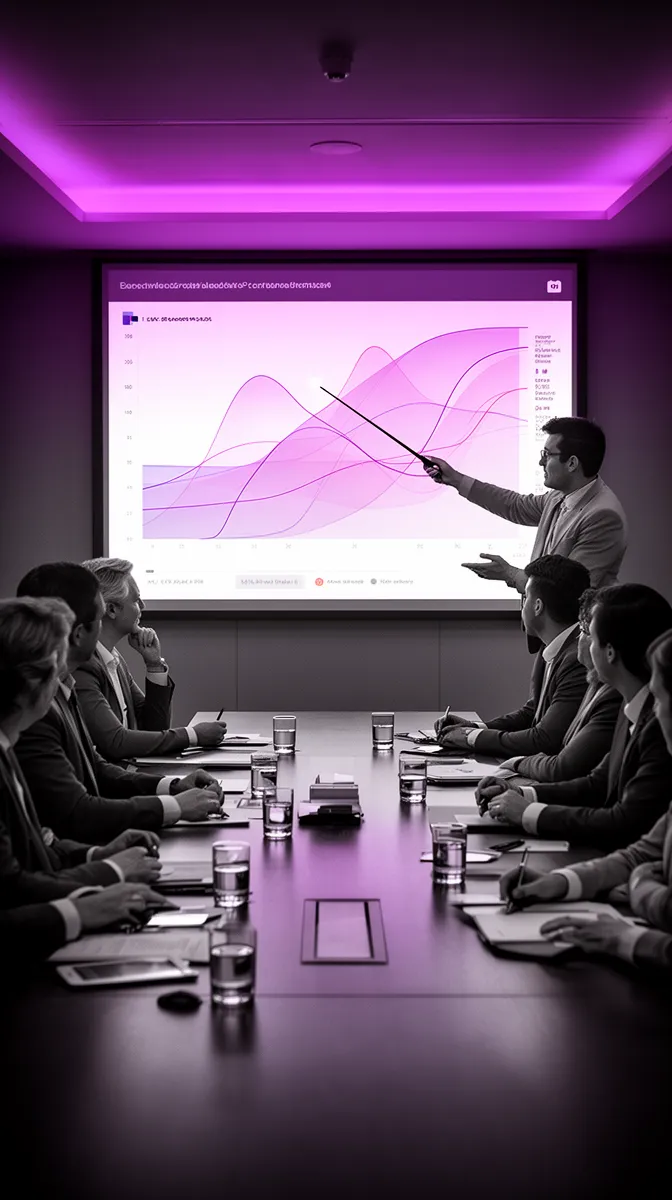 Leadership meeting reviewing causal impact analysis and impact attribution for automation agent ROI