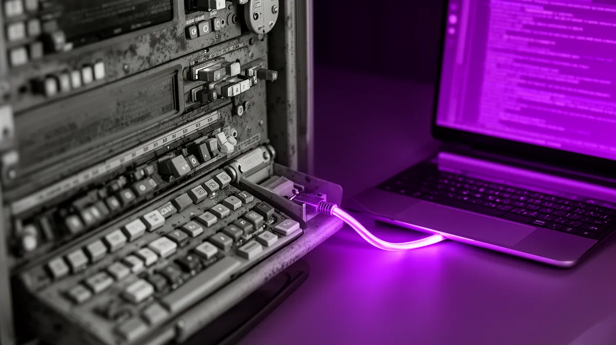 Legacy terminal next to modern laptop bridging legacy to AI transformation