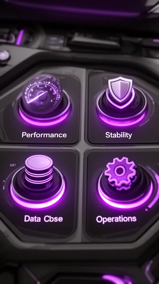 Four visual levers representing performance, stability, data, and operations as dimensions of an LLM fine-tuning decision framework