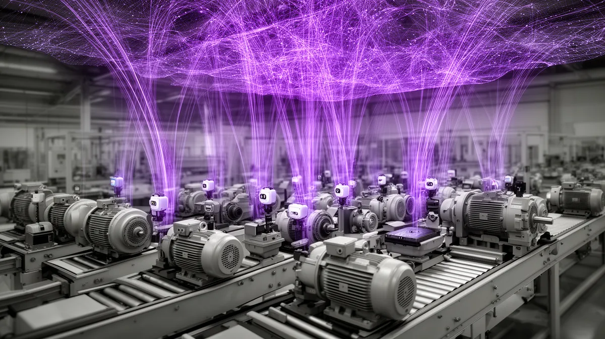 Manufacturing line with sensors streaming data into an AI for predictive maintenance system