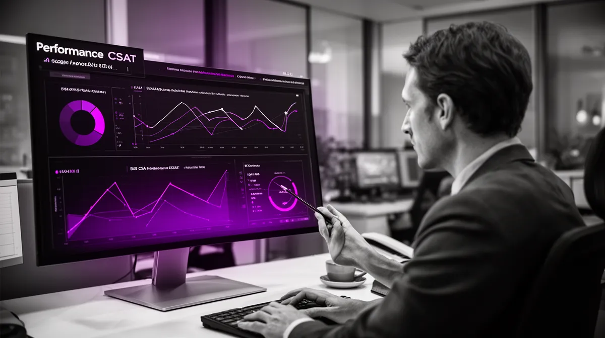 CX leader reviewing dashboards to measure context fidelity, CSAT improvement, and average handle time reduction