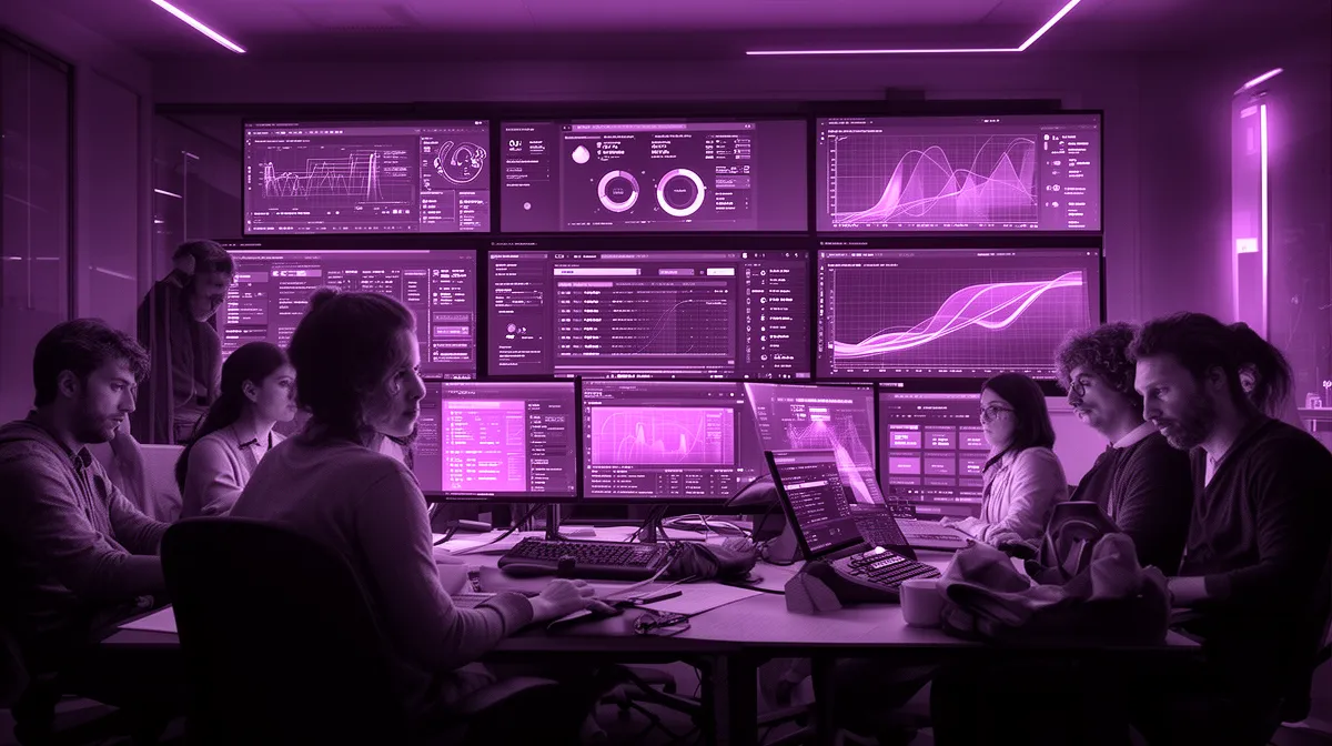 Operations team monitoring AI model performance dashboards as part of MLOps for digital transformation