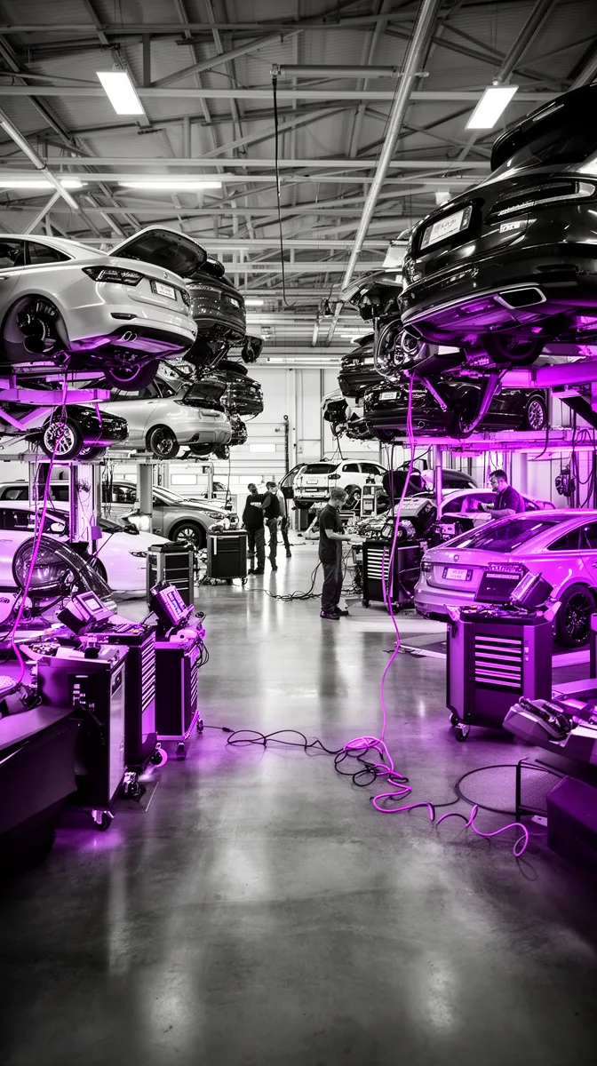 Multi-bay multi-brand workshop illustrating scalable automotive diagnostic AI deployment