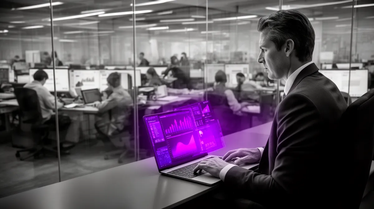 Business leader viewing predictive analytics dashboard while operations floor ignores it, illustrating non-operationalized predictive analytics services