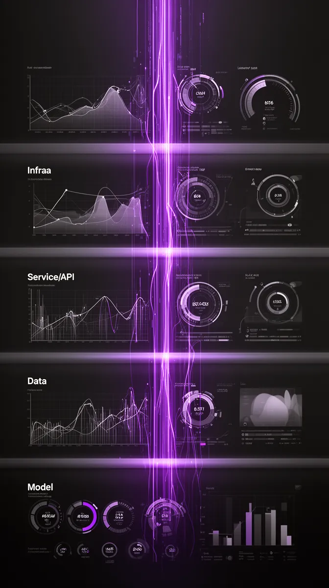 Stacked observability layers showing infra, service, data, and model monitoring for AI in production