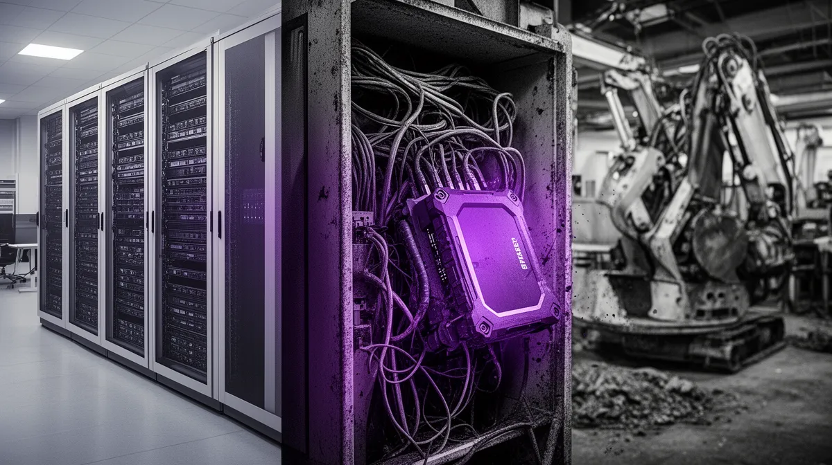 Contrast between office server rack and dusty industrial cabinet highlighting why many industrial AI development company designs fail on the factory floor